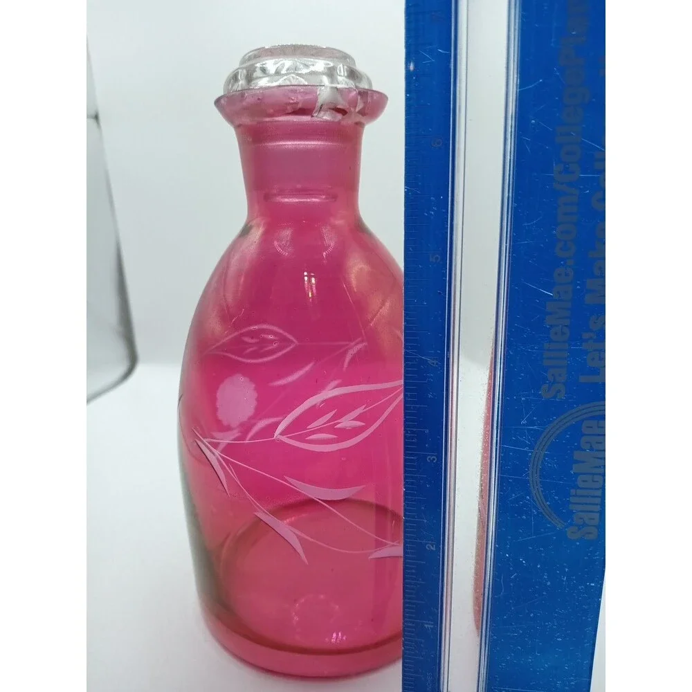 MCM Vintage Etched Cranberry Glass DECANTER With 5 Cordial Shot Glasses Red